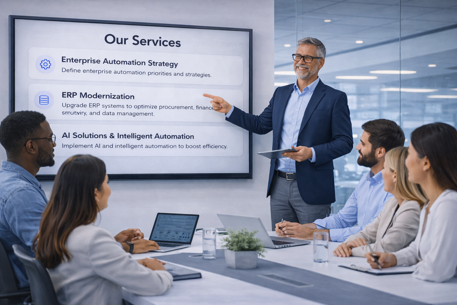 Enterprise automation architecture team working on ERP system design